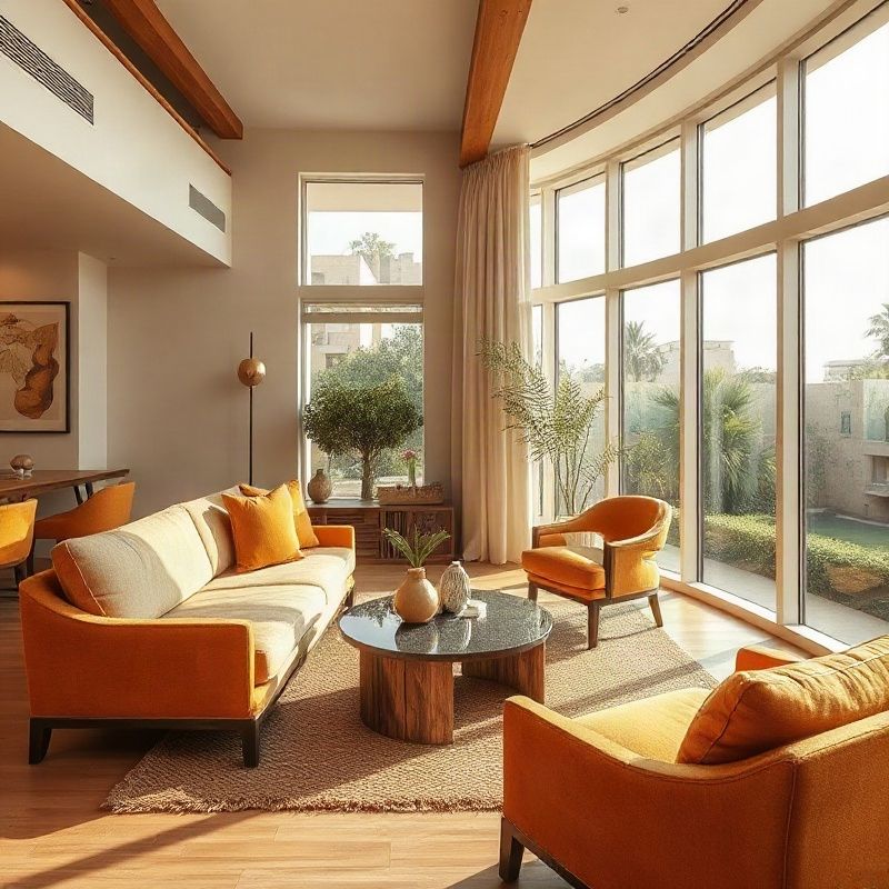 Bright Nairobi apartment interior with amber-gold accents